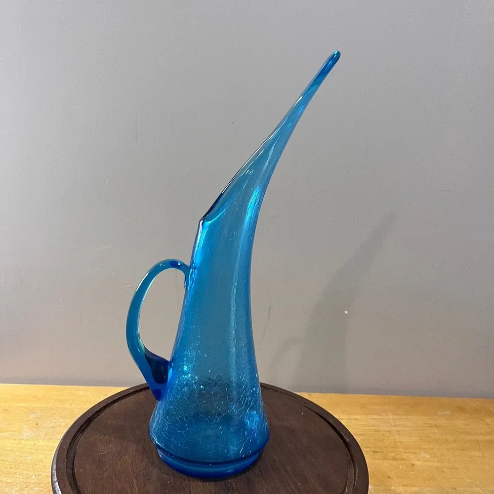 Vtg MCM Kanawha Blue Crackle Glass Pitcher Stretch Spout‎ Art Glass 14.5